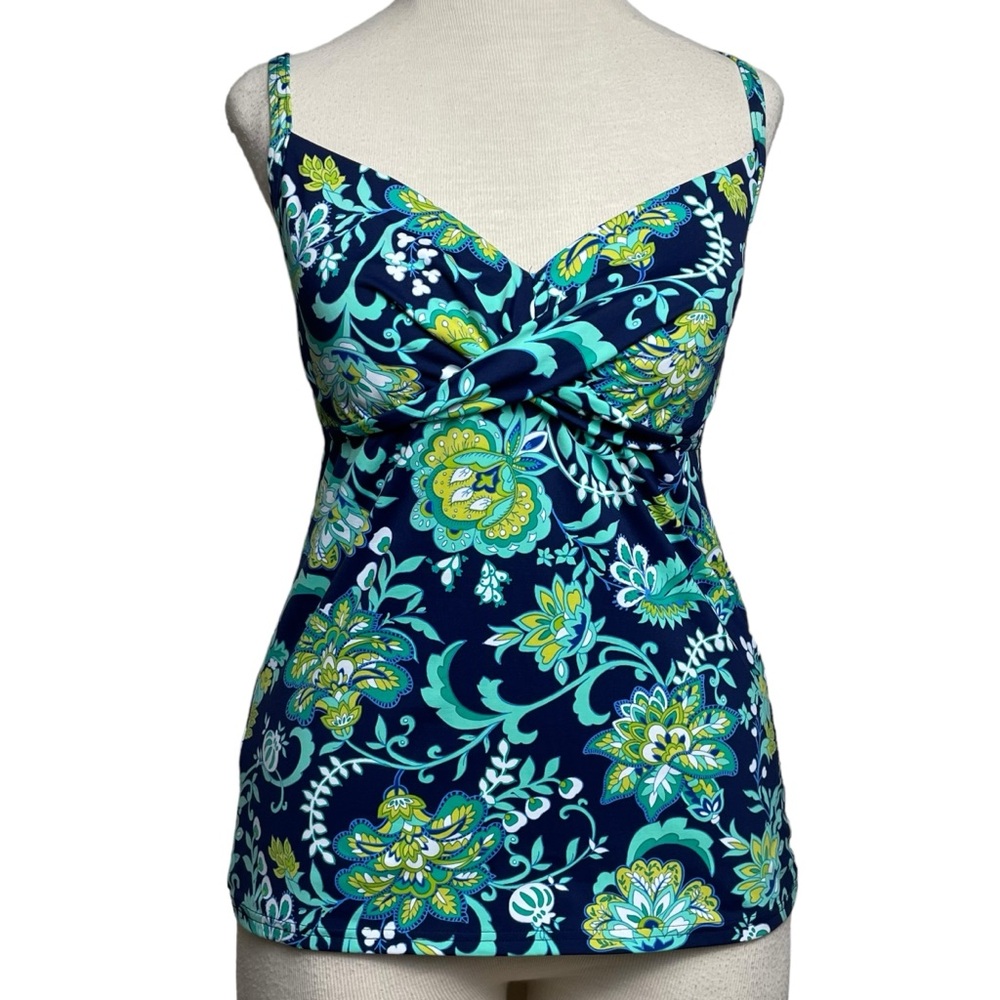 Lands End Tankini Swim Blue Yellow Floral Underwired Bra Sweetheart Neckline 6